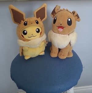 Pokemon Pikachu in Eevee Outfit and Eevee Plush - Yellow and Brown